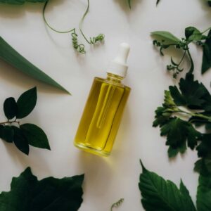 A dropper bottle of essential oil placed amidst vibrant greenery, ideal for aromatherapy concepts.
